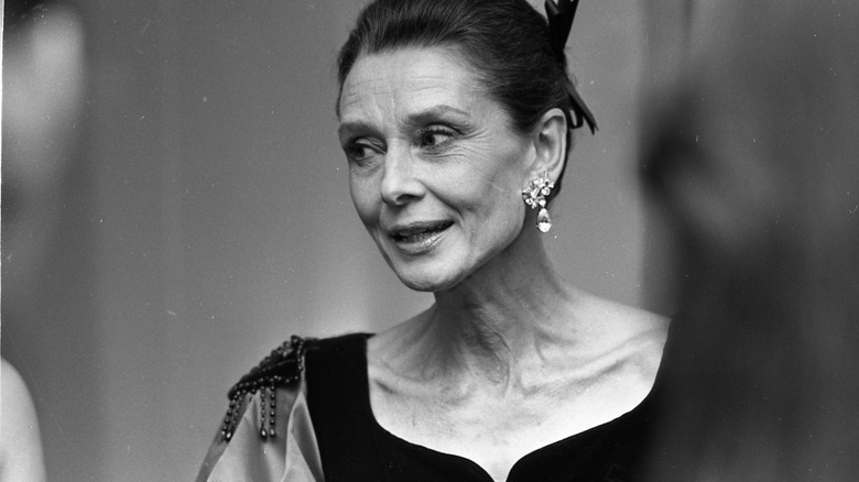 Black and white photo of Audrey Hepburn at an event in Dublin, Ireland in 1988