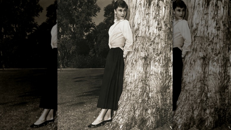 Audrey Hepburn stands against a tree in the 1950s