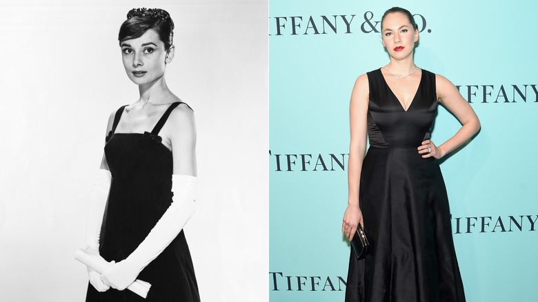 Audrey Hepburn wearing a tailored blazer and skirt on the left and Emma Ferrer wearing a black midi dress on the right.