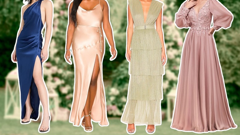 women wearing different styles of wedding guest dresses