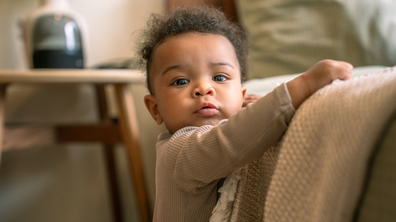 A baby climbing on the furniture