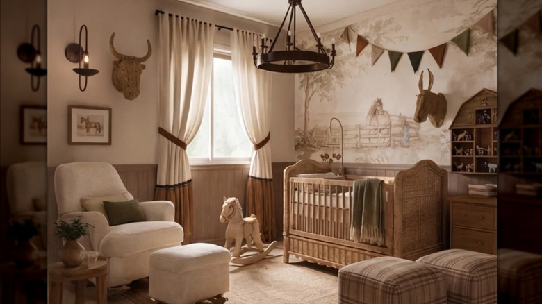 Baby nursery with horse and cattle decor