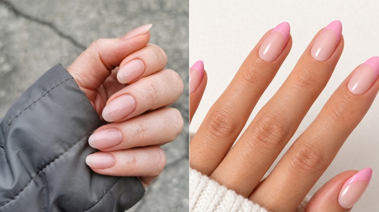 Sheer ballet-pink nails next to sheer pink nails with opaque pink tips