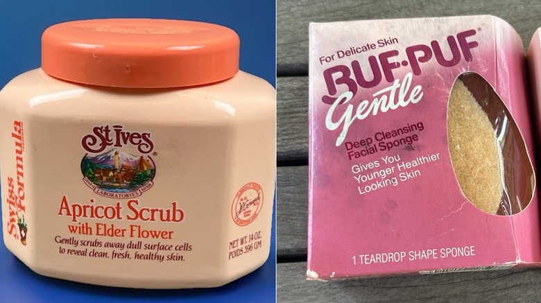 A jar of 1980s St. Ives scrub (L) & A pack of 1980s buf-puf facial sponge (R)