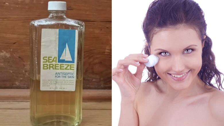 A bottle of 1980s Sea Breeze (L) & A woman appying product to her face with a cotton wool (R)