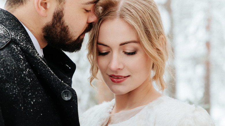 winter bride closing eyes