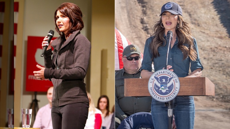 Kristi Noem before and after MAGA transformation showing her more refined casual style