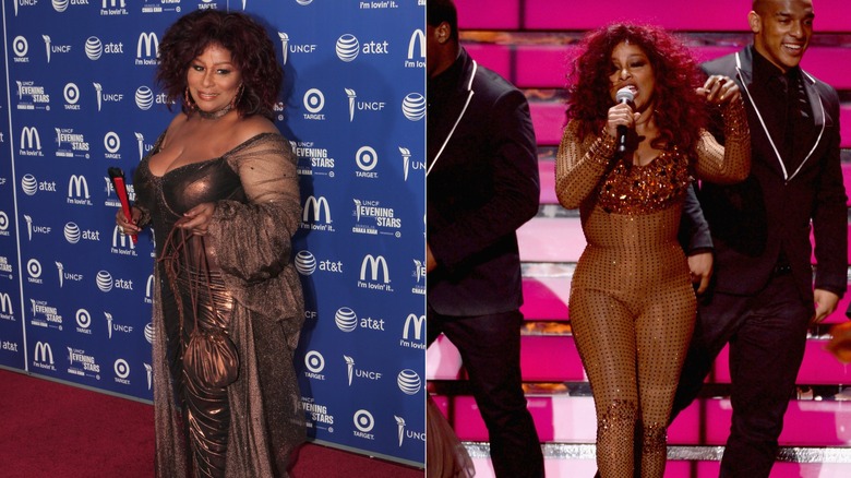 Chaka Khan smiles wearing a bronze dress / Chaka Khan sings wearing a brown jumpsuit