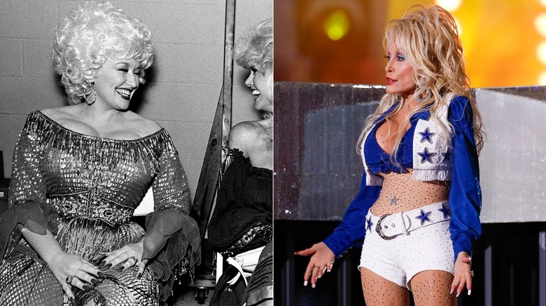 Dolly Parton in a sparkly dress / Dolly Parton poses wearing a blue shirt and white micro shorts