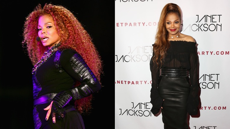 Janet Jackson poses with her hand on her hip / Janet Jackson smiles wearing red lipstick