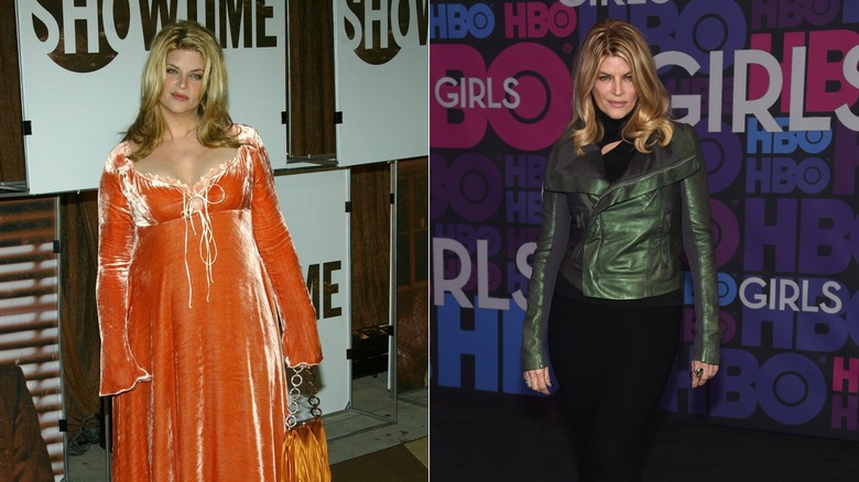 Kirstie Alley smiles wearing an orange dress / Kirstie Alley posing in a green jacket