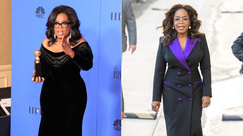 Oprah Winfrey wearing a black dress / Oprah Winfrey walks wearing a black and purple blazer