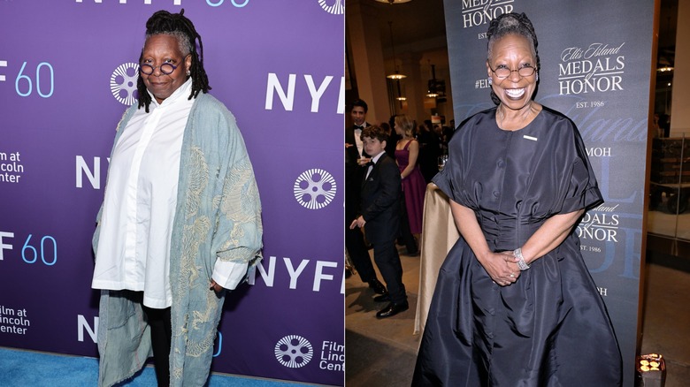 Whoopi Goldberg poses wearing a white shirt / Whoopi Goldberg smiles wearing a black dress