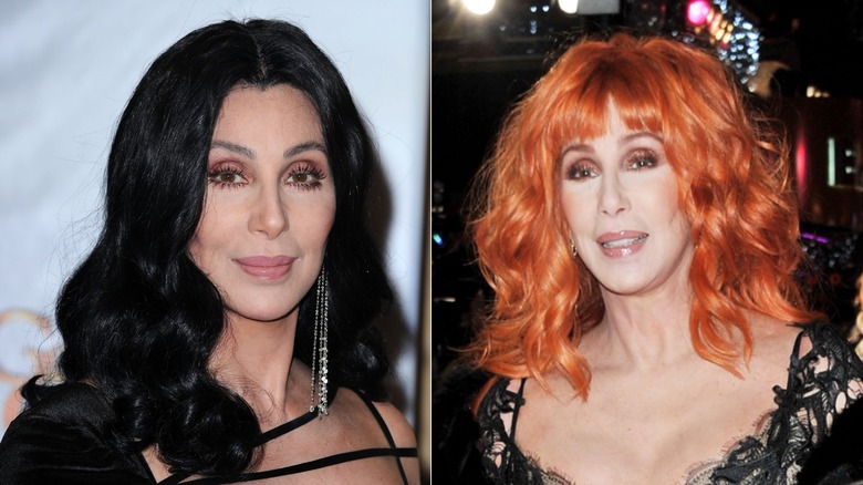 Spit image of Cher posing at an event with black hair on the left and Cher smiling with orange hair on the right.