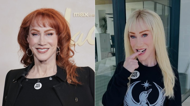 Split image of Kathy Griffin smiling on a red carpet with red hair on the left, and biting her finger while wearing blond hair on the right.