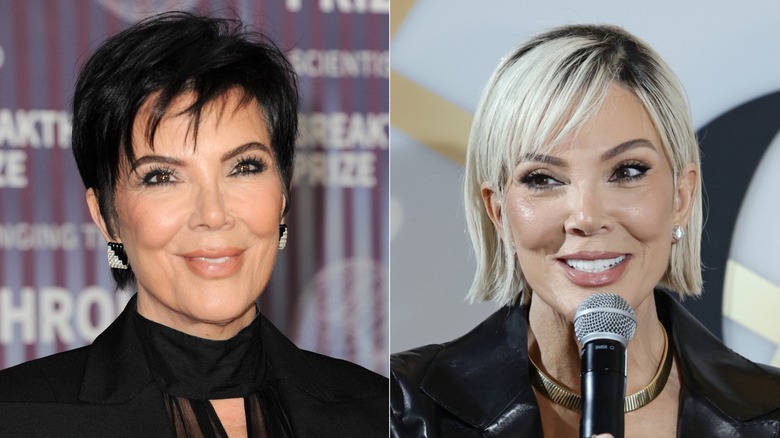 Split image of Kris Jenner smiling wearing all black and a pixie cut on the left and with a short blond bob while holding a microphone on the right.