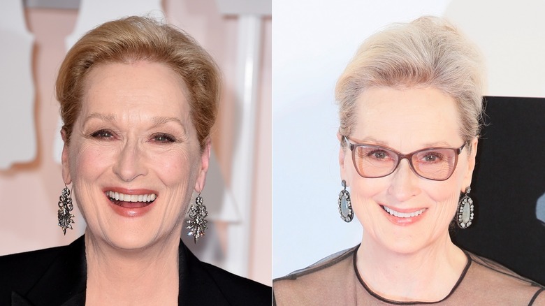 Split image of Meryl Streep smiling with honey-blond hair on the left and smiling with gray-white hair on the right.