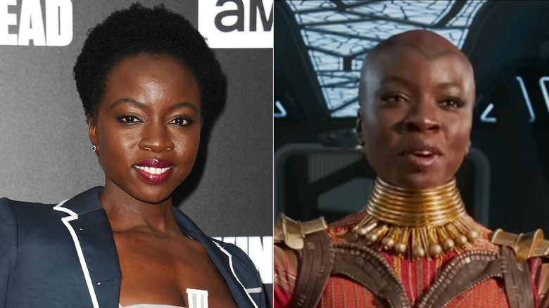 Danai Gurira with short hair and in Black Panther