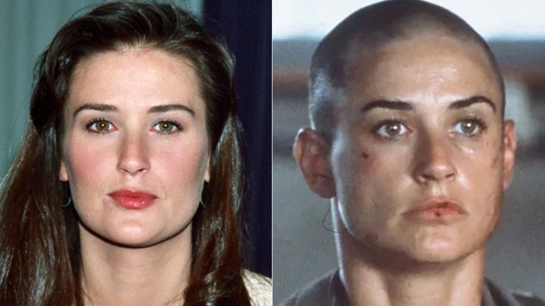Demi Moore wearing red lipstick and in GI Jane