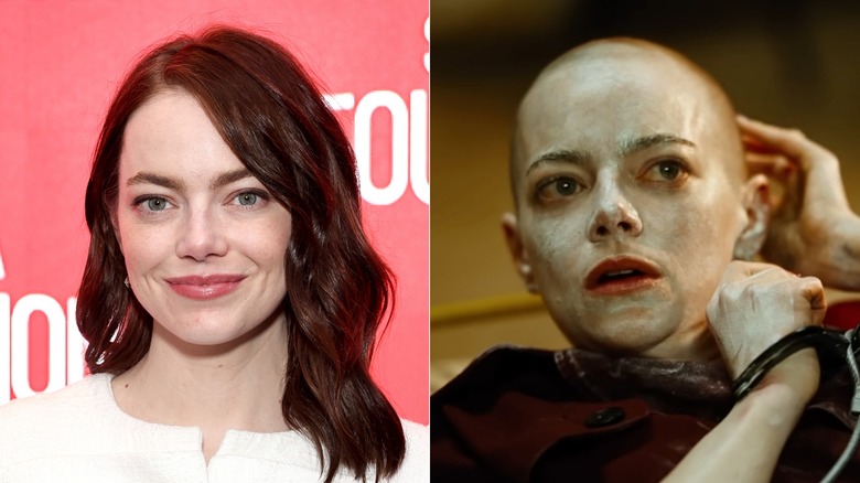 Emma Stone with wavy hair and in Bugonia
