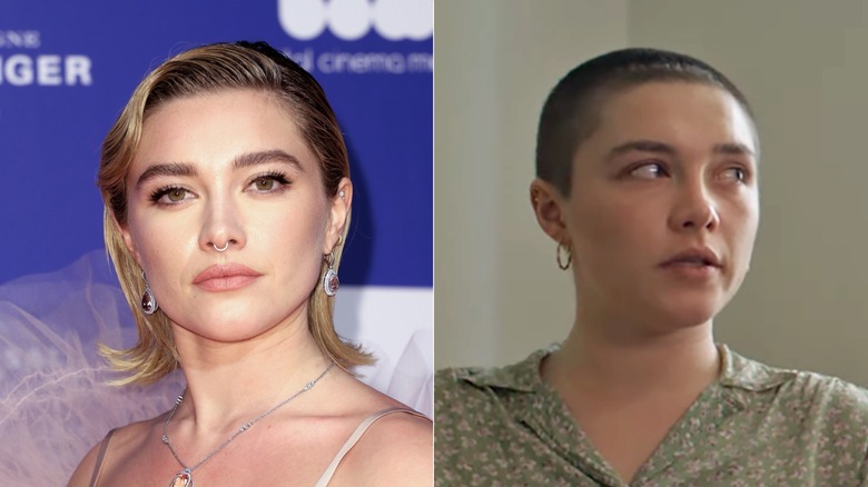 Florence Pugh with slicked hair and a buzz cut
