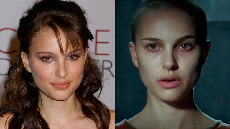 Natalie Portman with long wavy hair and shaved head