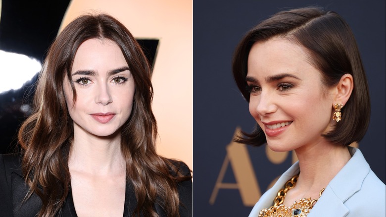 Lily Collins at the Saint Laurent womenswear fall/winter show during Paris Fashion Week in February 2024 / Lily Collins at the premiere of "Maxxxine" in Hollywood in June 2024