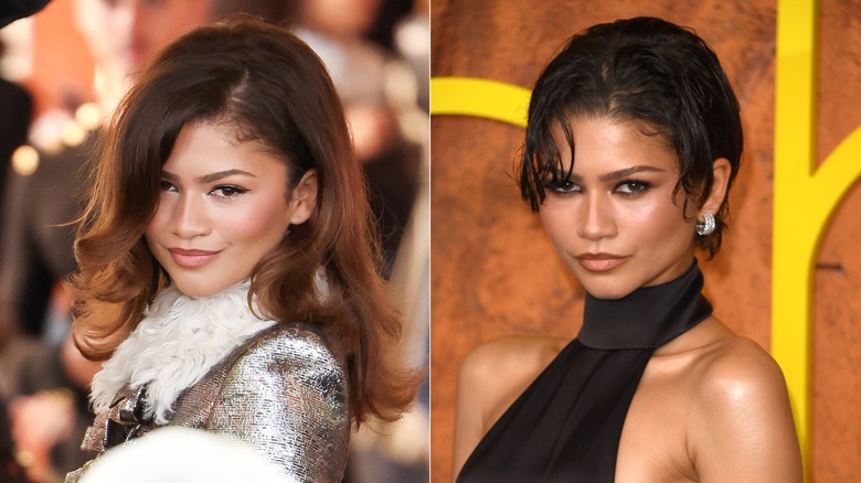 Zendaya at the Louis Vuitton womenswear spring/summer show during Paris Fashion Week in September 2025 /  Zendaya at the premiere of "Euphoria in Hollywood in April 2026