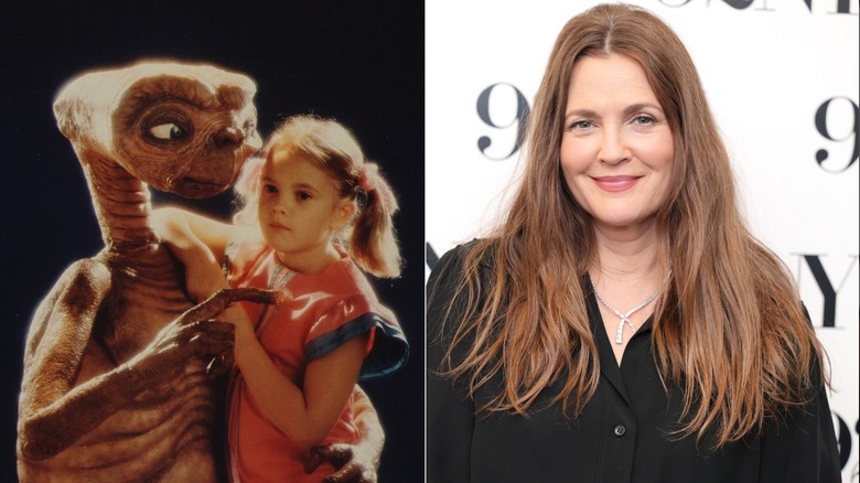 Drew Barrymore posing with ET in 1982 & in march 2026 at the 92nd Y