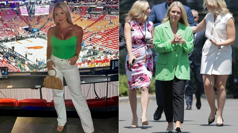 Karoline Leavitt before and after MAGA with her before pics showing a more liberal and fashionable style and the after pics showing a more conservative style