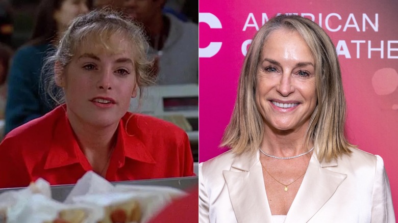 On the left, Amanda Wyss with her hair tied back in Fast Times at Ridgemont High, on the right, Wyss smiling for photos at the 2024 Beyond Fest 40th Anniversary Screening of "A Nightmare On Elm Street" at the Aero Theatre on September 30, 2024