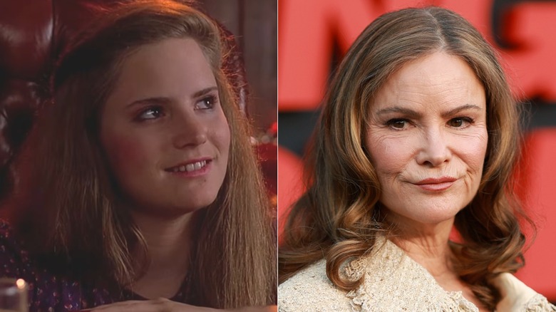 Jennifer Jason Leigh as Stacy Hamilton on the left in Fast Times at Ridgemont High film, and on the right attending the Los Angeles Premiere of Netflix's "Something Very Bad Is Going to Happen"