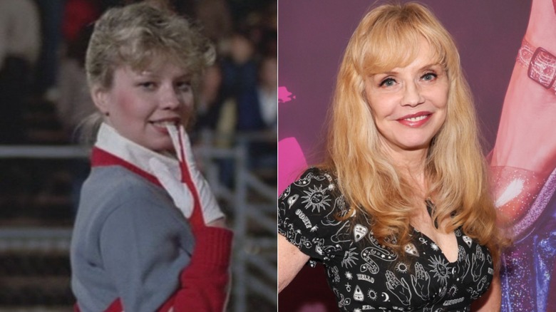 Kelli Maroney in cheerleader uniform in Fast Times at Ridgemont High on the left and at the "If It Bleeds" screening at Regal North Hollywood on August 21, 2025 on the right