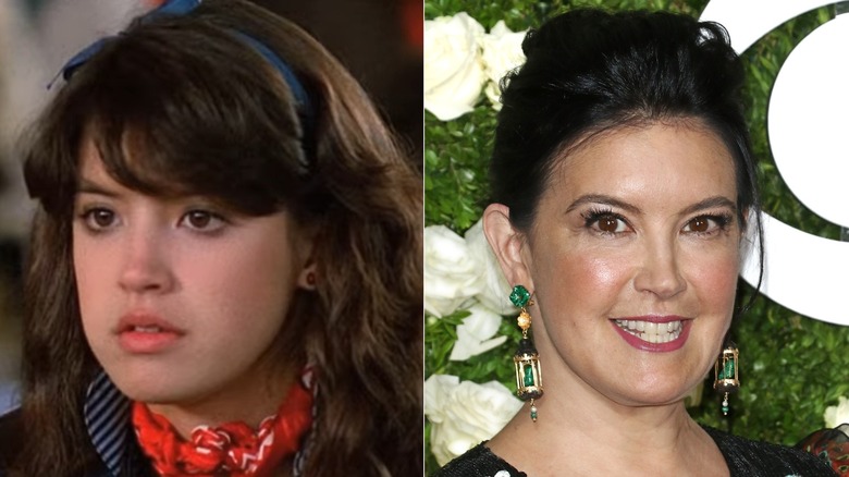 Split image of Phoebe Cates as Linda Barrett in Fast Times at Ridgemont High on the left and at the 2017 Tony awards at Radio City Music Hall on the right
