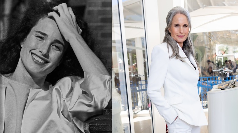 Actor Andie MacDowell in 1985 on the left and in 2026 on the right