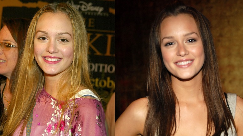 Split image of Blond Leighton Meester as a blond on the left and as a brunette on the right.