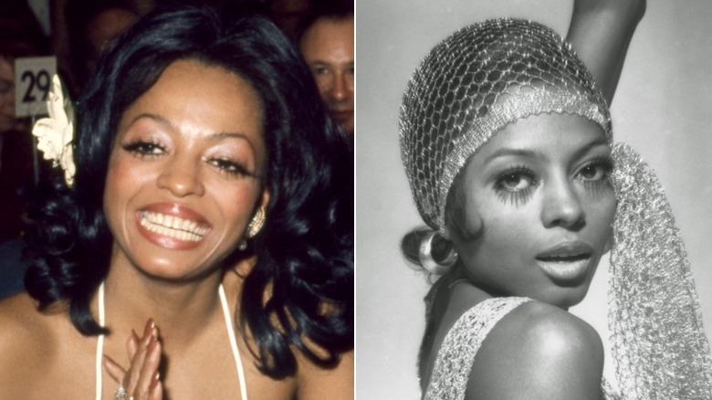 Diana Ross in with a flower in her hair in 1973 and with a fishnet hair cover in 1982