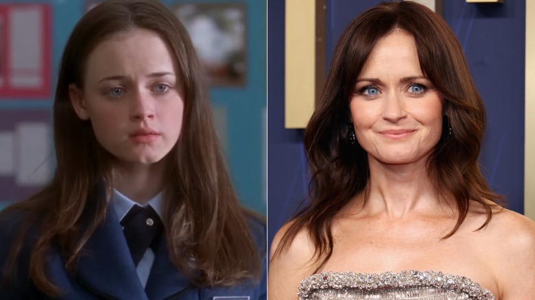 Split image of Alexis Bledel as Rory Gilmore in Gilmore Girls on the left and smiling at a formal event on the right.
