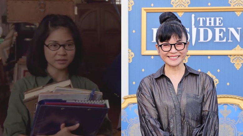 Split image of Keiko Agena in Gilmore Girls on the left and posing and smiling on a red carpet on the right.