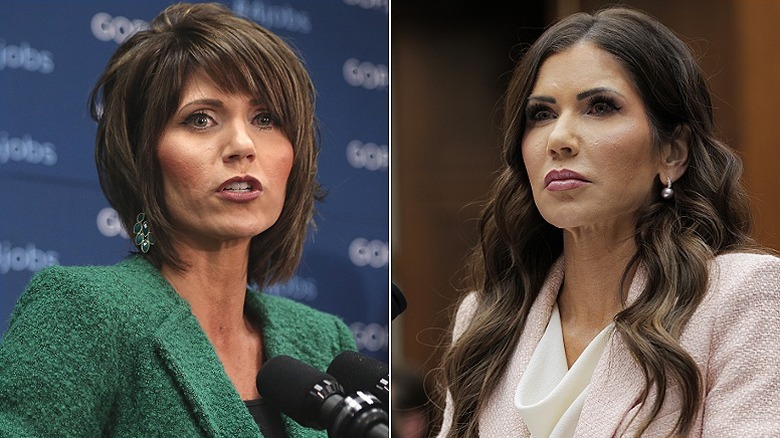 Kristi Noem at a press conference in 2014 and 12 years later at the department of justice