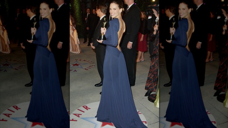 navy blue dress for baby girl Hilary Swank Navy Sleeve Backless Mermaid Oscars Dress main image 1