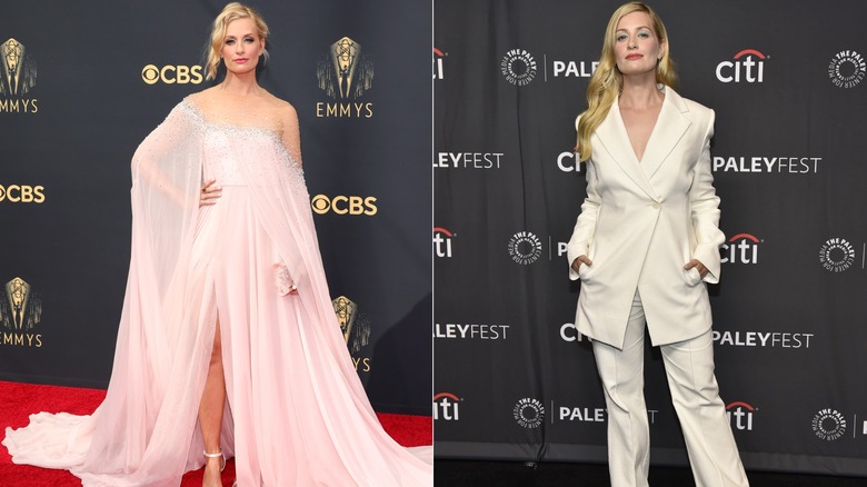 Beth Behrs wearing a pink dress in 2021 and a white suit in 2022.