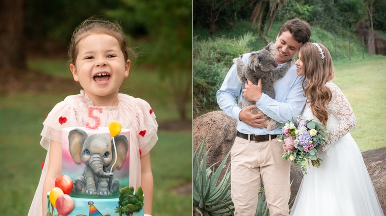 On left, Bindi Irwin's daughter, Grace, celebrated her fifth birthday with an elephant cake in March 2026. On right, Bindi Irwin and husband Chandler Powell cuddle a koala at their wedding at the Australia Zoo in March 2020.