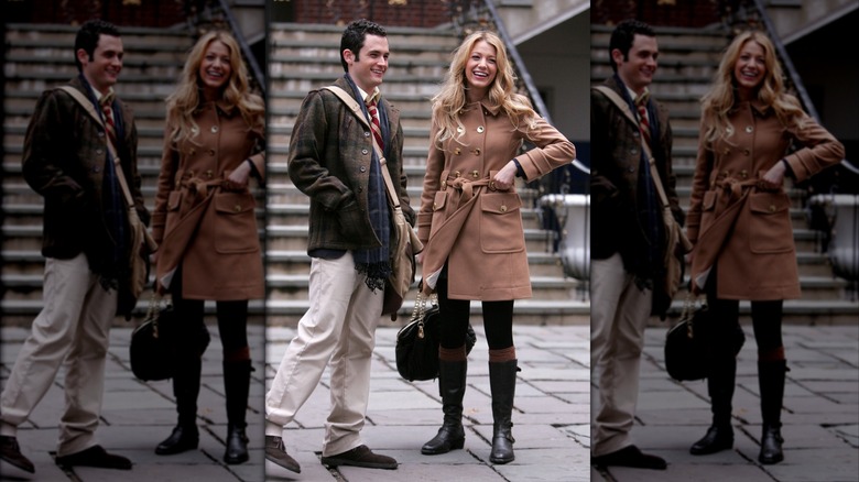 Penn Badgley and Blake Lively photographed filming on location for "Gossip Girl" in 2007.