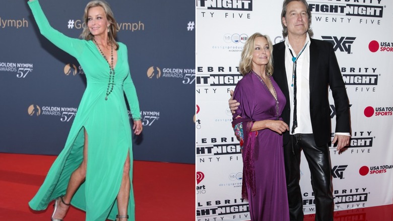 Bo Derek wearing colorful dresses on two red carpets