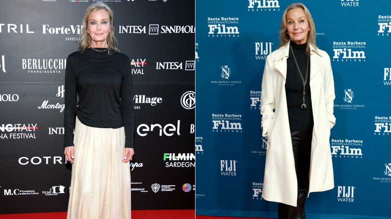 Bo Derek poses on a red carpet in black and white outfits