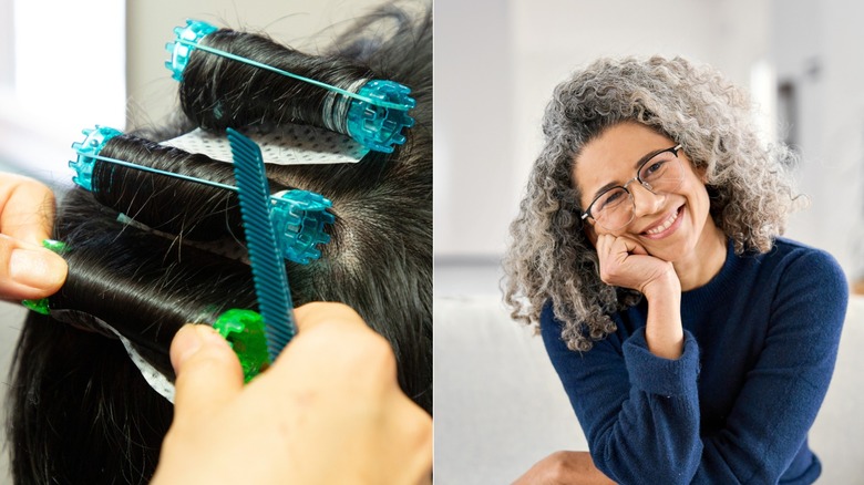 A hairdresser styling a perm, and a woman with permed curly hair