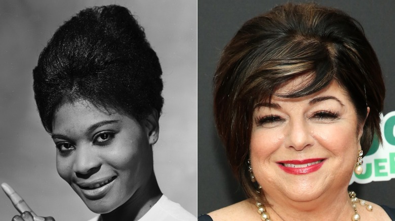 A model with a beehive in the 1960s, and an older woman with a beehive in the 2020s