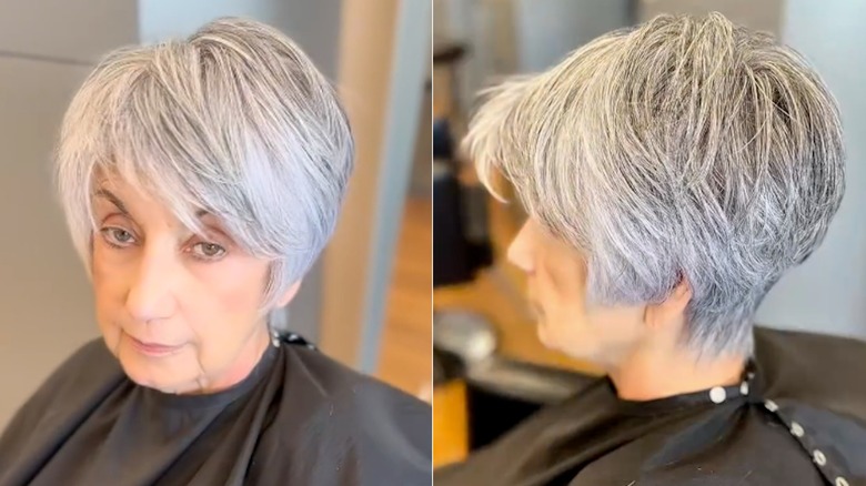 A side by side photo of an older woman with a gray wedge cut