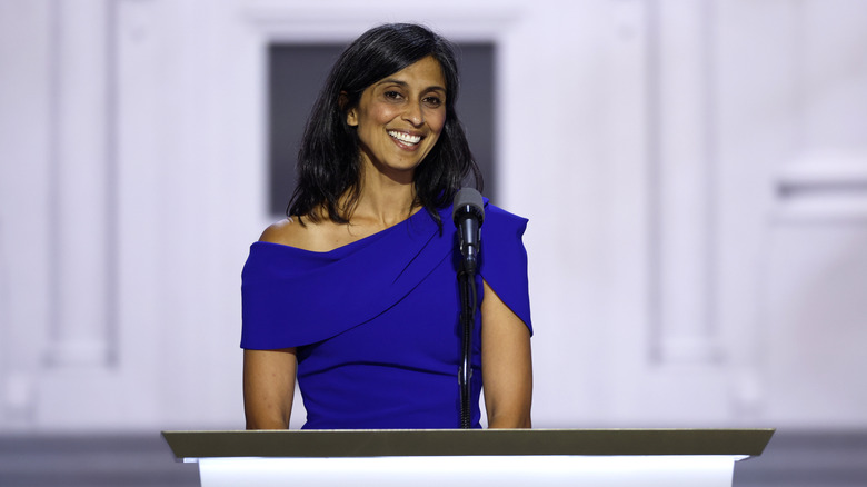 Usha Vance stands at a podium